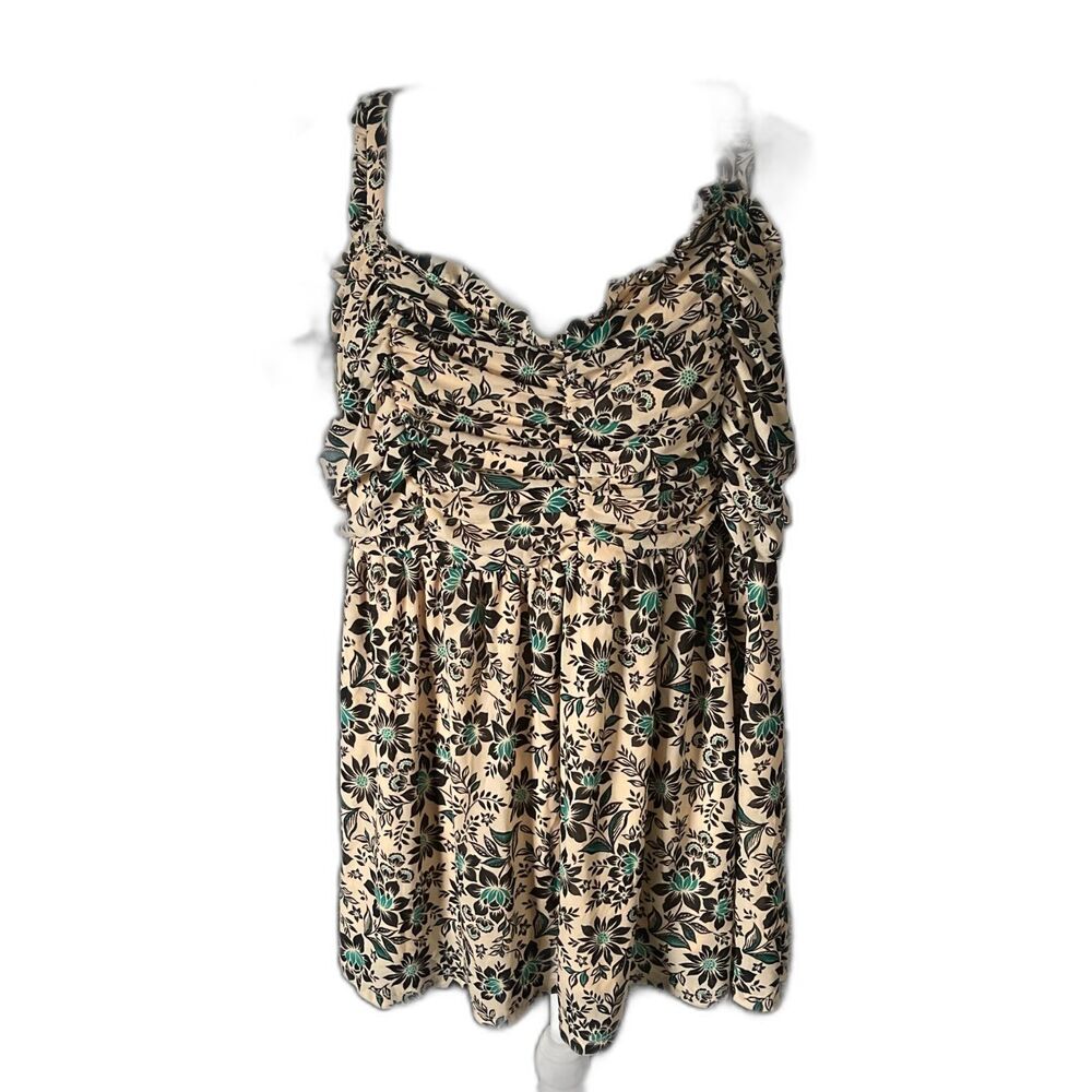 Torrid Brown, Green Floral Babydoll Stretch Mesh Shirred Bodice Tank Blouse 1